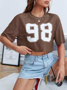SHEIN EZwear In số Thả vai Áo phông Crop - Màu nâu  Mocha - Xem 4