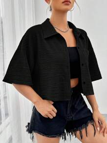 SHEIN EZwear Solid Button Front Pocket Patched Shirt