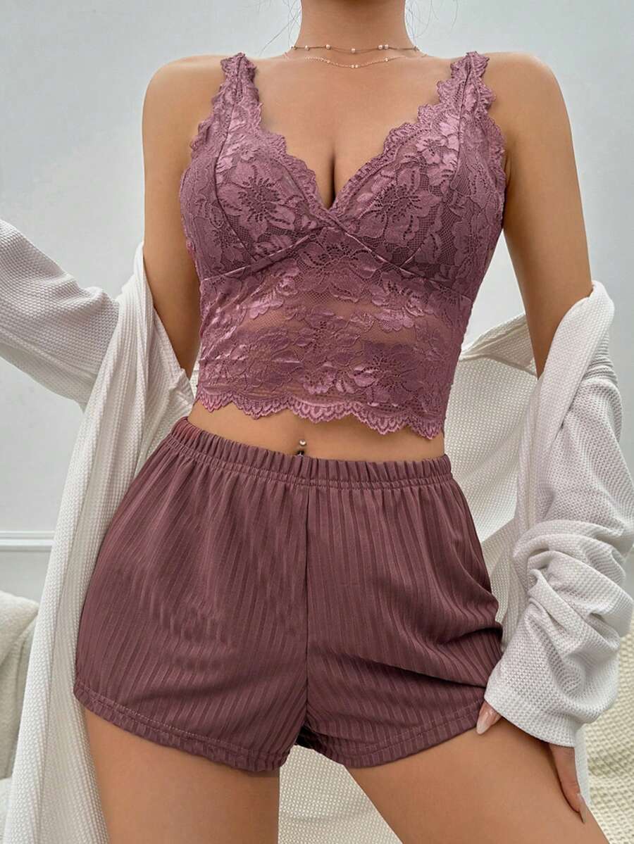 Bộ đồ ngủ Nữ Lộ Lưng Tương phản ren Hoa - Gỗ đỏ - Xem 1