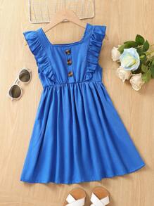 SHEIN Young Girl Ruffle Trim Button Front Dress