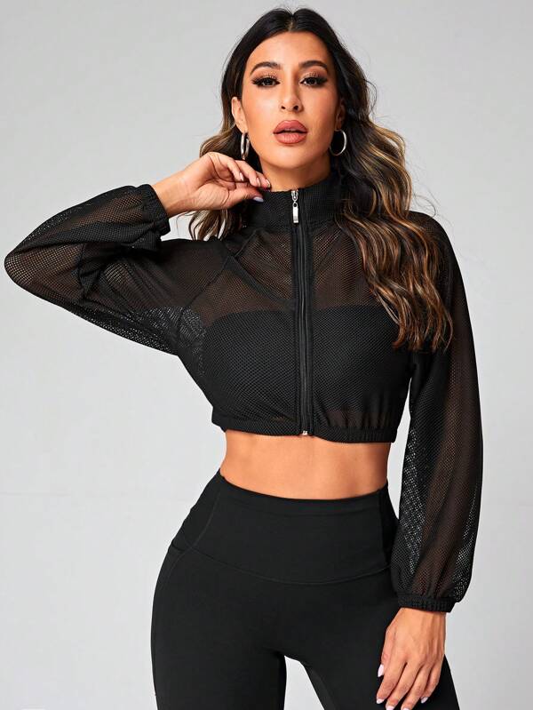 SHEIN Sports Zip Up Crop Malha Jaquetas de Desporto