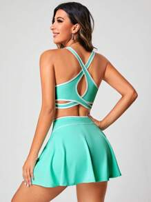 SHEIN Sports 對比綁縛剪裁腰部活動連衣裙，女士網球裝 - 綠色 - 查看 2