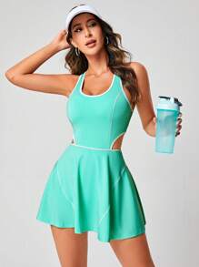 SHEIN Sports 對比綁縛剪裁腰部活動連衣裙，女士網球裝 - 綠色 - 查看 5