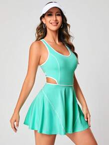 SHEIN Sports 對比綁縛剪裁腰部活動連衣裙，女士網球裝 - 綠色 - 查看 6