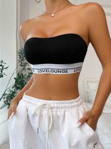 Letter Graphic Tape Panel Tube Bralet - Black - View 1