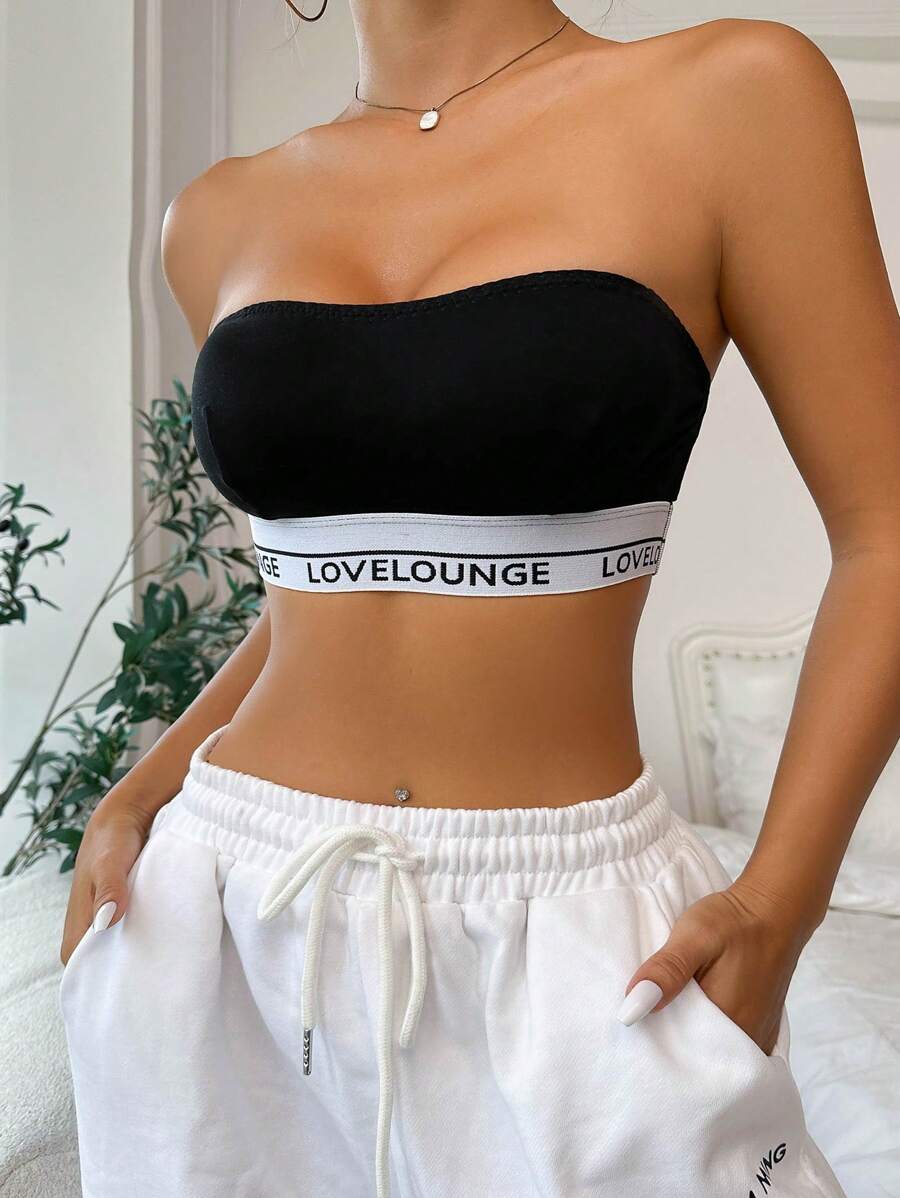 Letter Graphic Tape Panel Tube Bralet - Black - View 1