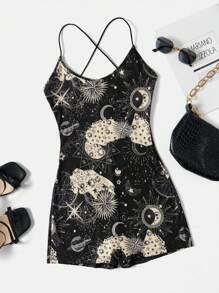 SHEIN EZwear Galaxy Print Crisscross Backless Unitard Romper - Multicolor - View 1