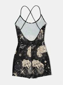 SHEIN EZwear Galaxy Print Crisscross Backless Unitard Romper - Multicolor - View 2
