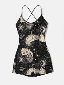 SHEIN EZwear Galaxy Print Crisscross Backless Unitard Romper - Multicolor - View 3
