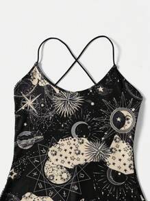 SHEIN EZwear Galaxy Print Crisscross Backless Unitard Romper - Multicolor - View 4
