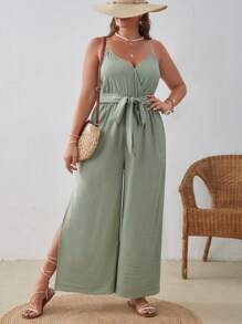 SHEIN VCAY 大碼高衩腰帶吊帶連體褲 - 薄荷綠 - 查看 3