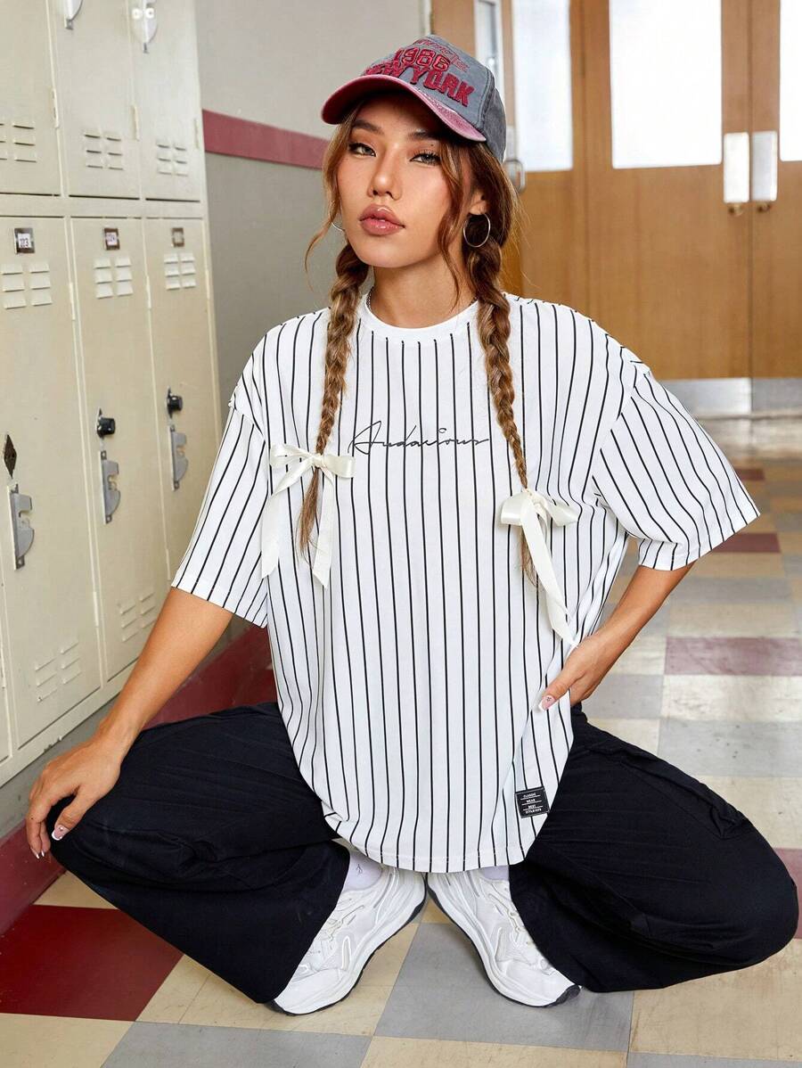 SHEIN EZwear Summer Outfits Striped & Letter Graphic Drop Shoulder Tee