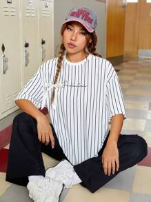 SHEIN EZwear Summer Outfits Striped & Letter Graphic Drop Shoulder Tee