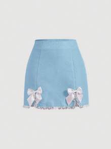 SHEIN MOD Bow Front Lace Trim Split Hem Y2K Skirt - Baby Blue - View 1
