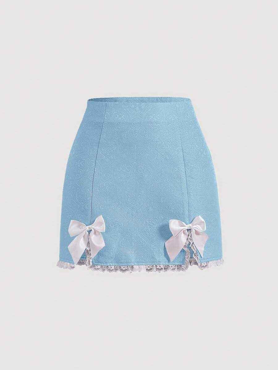 SHEIN MOD Bow Front Lace Trim Split Hem Y2K Skirt - Baby Blue - View 1