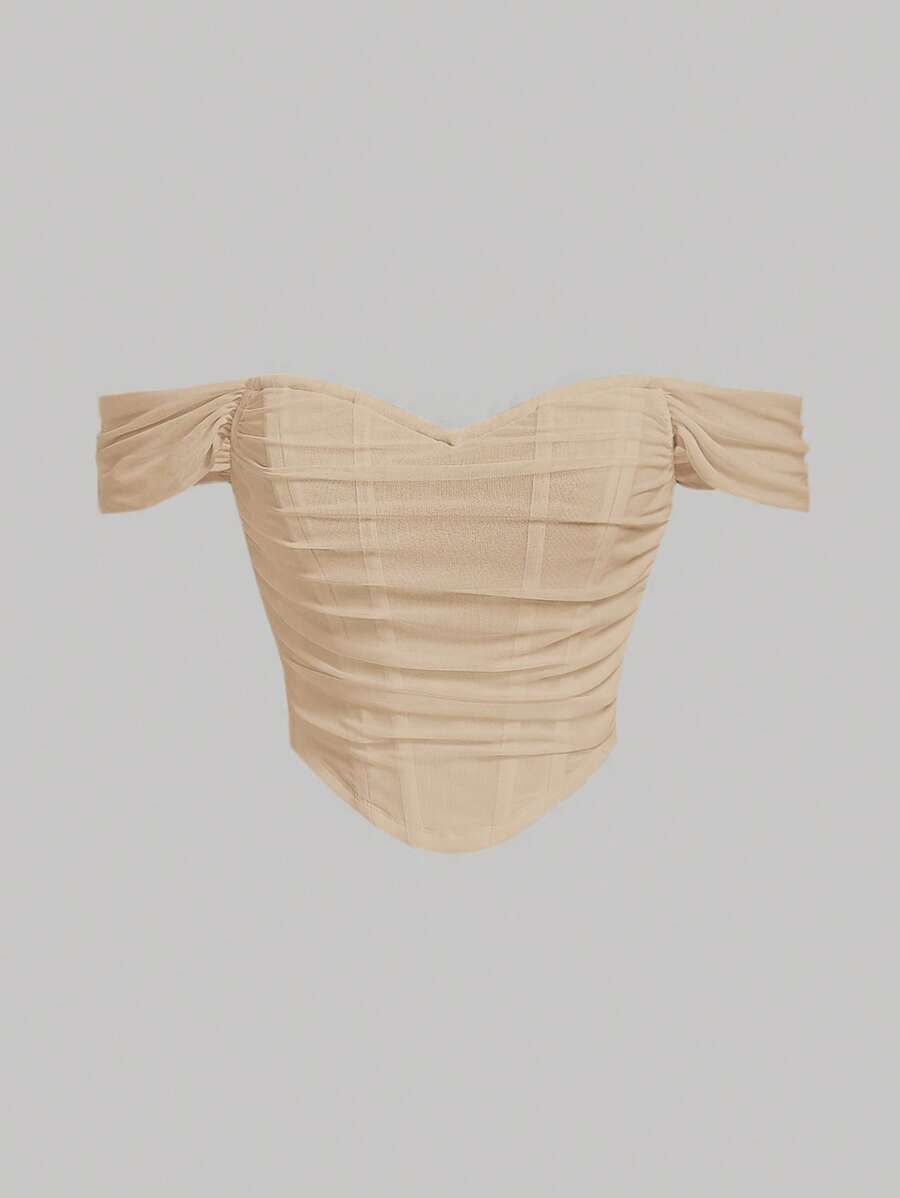 SHEIN MOD 一字肩褶邊網紗上衣 - 杏色 - 查看 1