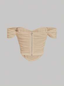 SHEIN MOD 一字肩褶邊網紗上衣 - 杏色 - 查看 2