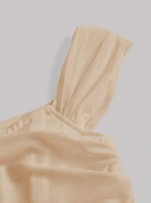 SHEIN MOD 一字肩褶邊網紗上衣 - 杏色 - 查看 4