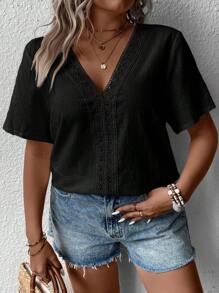 SHEIN LUNE Hơn Bảng điều khiển ren Guipure Áo sơ mi - màu đen - Xem 4