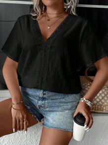 SHEIN LUNE Hơn Bảng điều khiển ren Guipure Áo sơ mi - màu đen - Xem 6