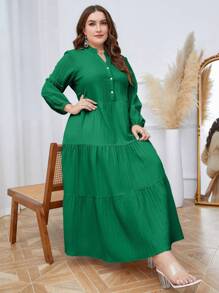 Mulvari Plus Notched Neckline Lantern Sleeve Ruffle Hem Dress - Green - View 1