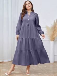 Mulvari Plus Notched Neckline Ruffle Hem Smock Dress - Dusty Purple - View 7