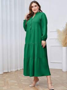 Mulvari Plus Notched Neckline Lantern Sleeve Ruffle Hem Dress - Green - View 4