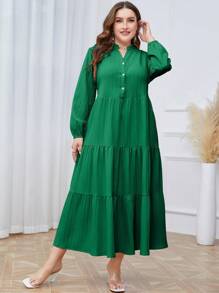 Mulvari Plus Notched Neckline Lantern Sleeve Ruffle Hem Dress - Green - View 5