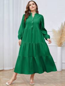 Mulvari Plus Notched Neckline Lantern Sleeve Ruffle Hem Dress - Green - View 7