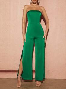 SHEIN Unity Bộ đồ liền thân ống xếp ly thanh lịch xẻ đôi - màu xanh lá - Xem 5