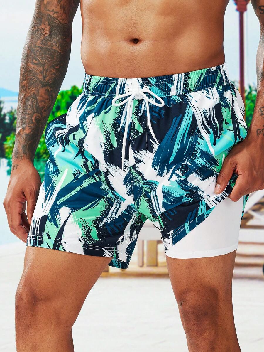 Surfspeed Hombres Shorts de natación con estampado de pincelada de cintura con cordón - Multicolor - Ver 1