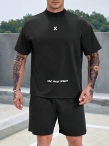 Manfinity Homme Men Plus Slogan Graphic Tee & Drawstring Waist Shorts Set - Black - View 1