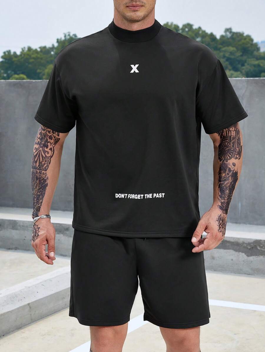 Manfinity Homme Men Plus Slogan Graphic Tee & Drawstring Waist Shorts Set - Black - View 1