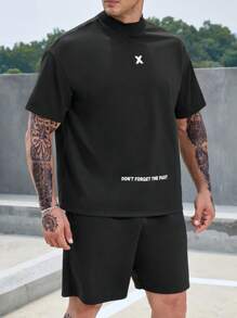 Manfinity Homme Men Plus Slogan Graphic Tee & Drawstring Waist Shorts Set - Black - View 3
