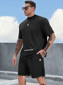 Manfinity Homme Men Plus Slogan Graphic Tee & Drawstring Waist Shorts Set - Black - View 5