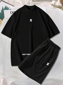 Manfinity Homme Men Plus Slogan Graphic Tee & Drawstring Waist Shorts Set - Black - View 7