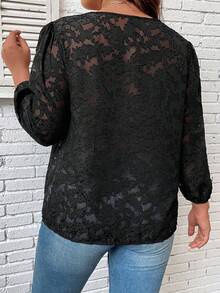 大碼拼接領燈籠袖蕾絲襯衫 - 黑與白 - 查看 2