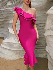 ADYCE One Shoulder Ruffle Trim Mermaid Hem Bandage Dress - Red Violet - View 6