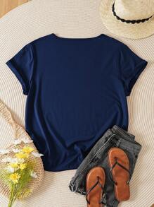 INAWLY Plus Solid V Neck Tee - Navy Blue - View 2