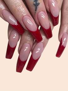 Transform Your Nails with 24pcs Red French Fake Nail & 1sheet Tape & 1pc Nail File - Redwood - View 1