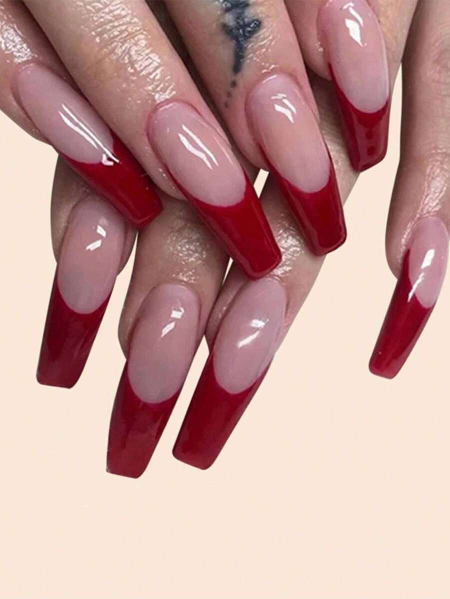 Transform Your Nails with 24pcs Red French Fake Nail & 1sheet Tape & 1pc Nail File - Redwood - View 1