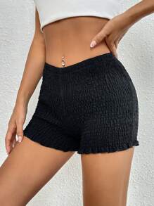 SHEIN Essnce 素色褶邊短褲 - 黑色 - 查看 1