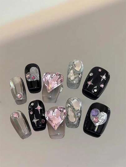 Kawaii 10 Stücke Kurz Quadrat, Herz & Strass Dekor, Kunstnägel mit & 1 Blatt Band,