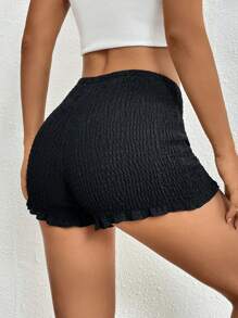 SHEIN Essnce 素色褶邊短褲 - 黑色 - 查看 2