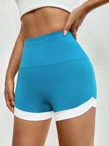 SHEIN Essnce 拼接邊騎行褲 - 藍色 - 查看 1