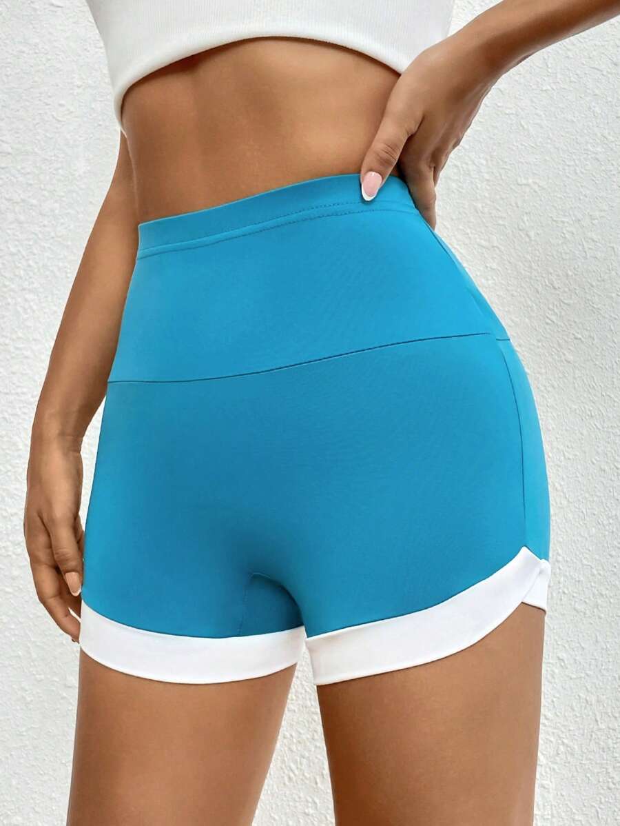 SHEIN Essnce 拼接邊騎行褲 - 藍色 - 查看 1