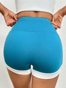 SHEIN Essnce 拼接邊騎行褲 - 藍色 - 查看 2