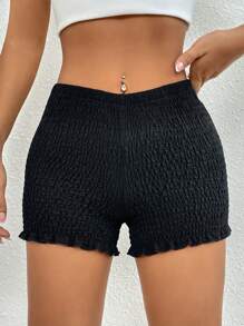 SHEIN Essnce 素色褶邊短褲 - 黑色 - 查看 4