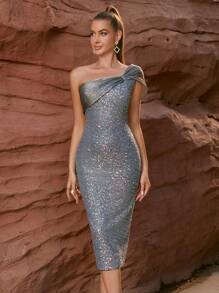 ADYCE One Shoulder Twist Front Split Back Sequin Cocktail Party Bodycon Dress - Silver - View 1