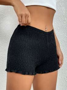 SHEIN Essnce 素色褶邊短褲 - 黑色 - 查看 5